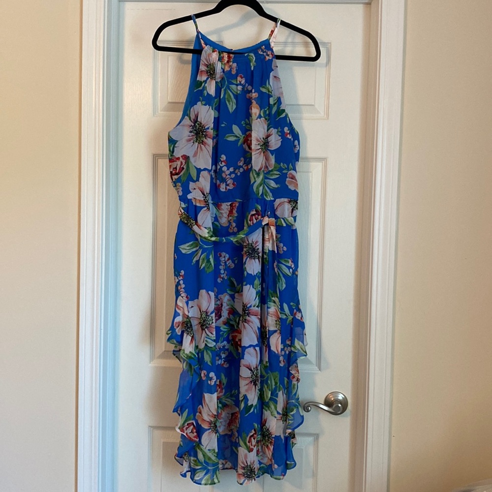 Blue floral dress with side ruffle